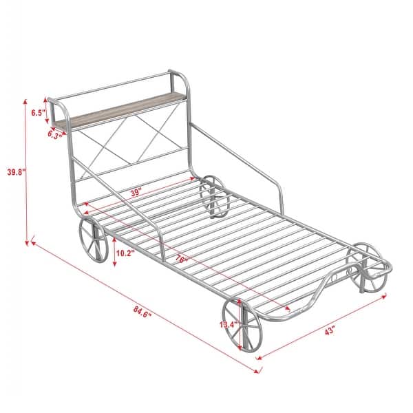 dimension image slide 1 of 2, Twin Size Metal Car Bed with Four Wheels, Guardrails and X-Shaped Frame Shelf