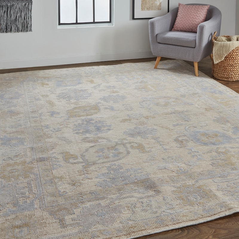 Tierney Eco Friendly PET Oushak Area Rug, Ivory Tan/Stone Blue