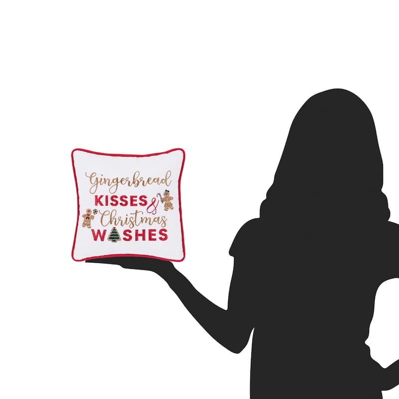 10" x 10" "Gingerbread Kisses and Christmas Wishes" Sentiment with Gingerbread Men Cotton Petite Accent Throw Pillow.