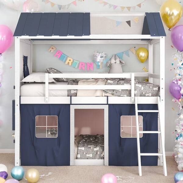 slide 2 of 18, Full Size Bunk Bed Wood House Bed Kids Bed with Elegant Windows Sills and Tent, Blue+White Blue+White