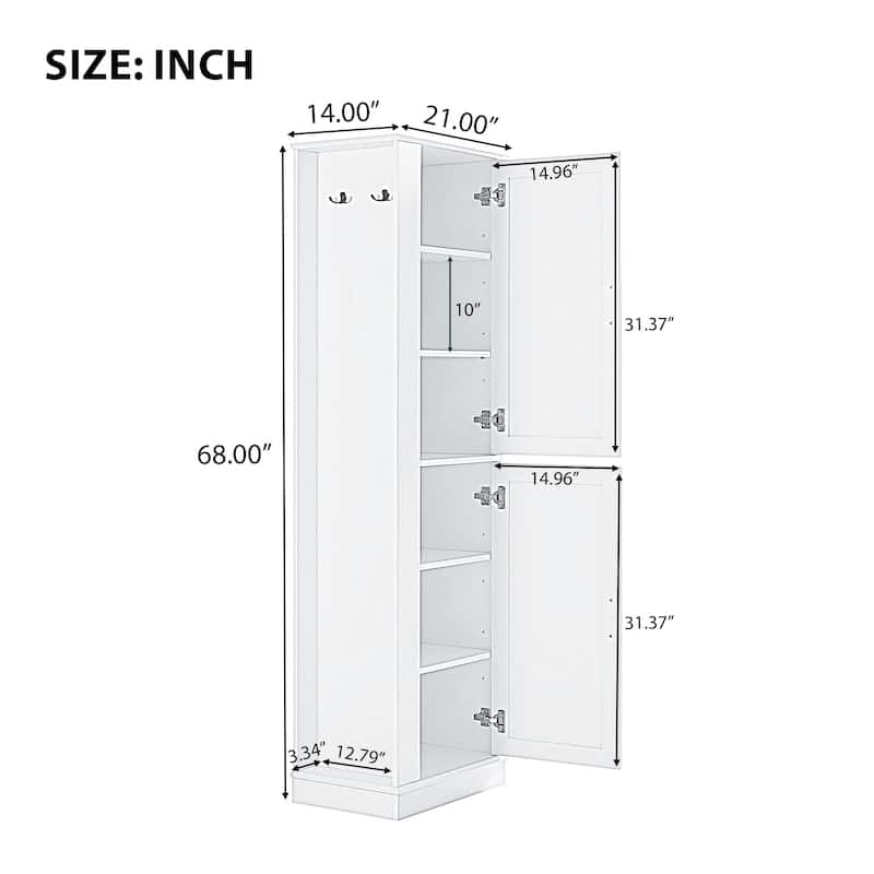 Freestanding Bathroom Storage Cabinet with 2 Doors, Adjustable Shelves, Side Towel Hook, White MDF Unit