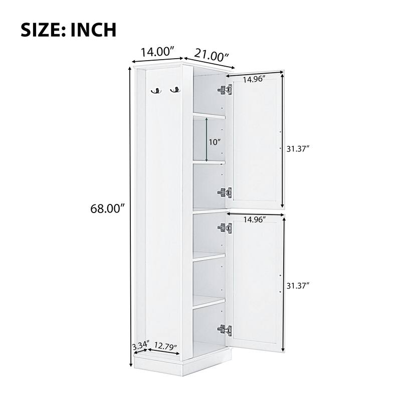 Tall Bathroom Storage Cabinet, Freestanding Storage Cabinet with Hook and Adjustable Shelf, MDF Board