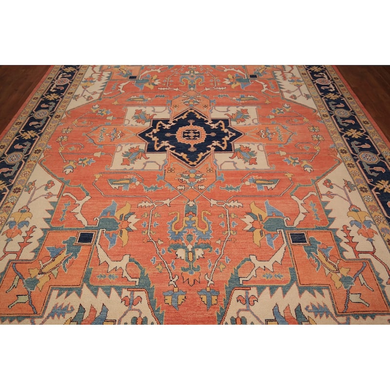Vegetable Dye Orange Heriz Oriental Area Rug Handmade Wool Carpet - 8'11" x 11'4"