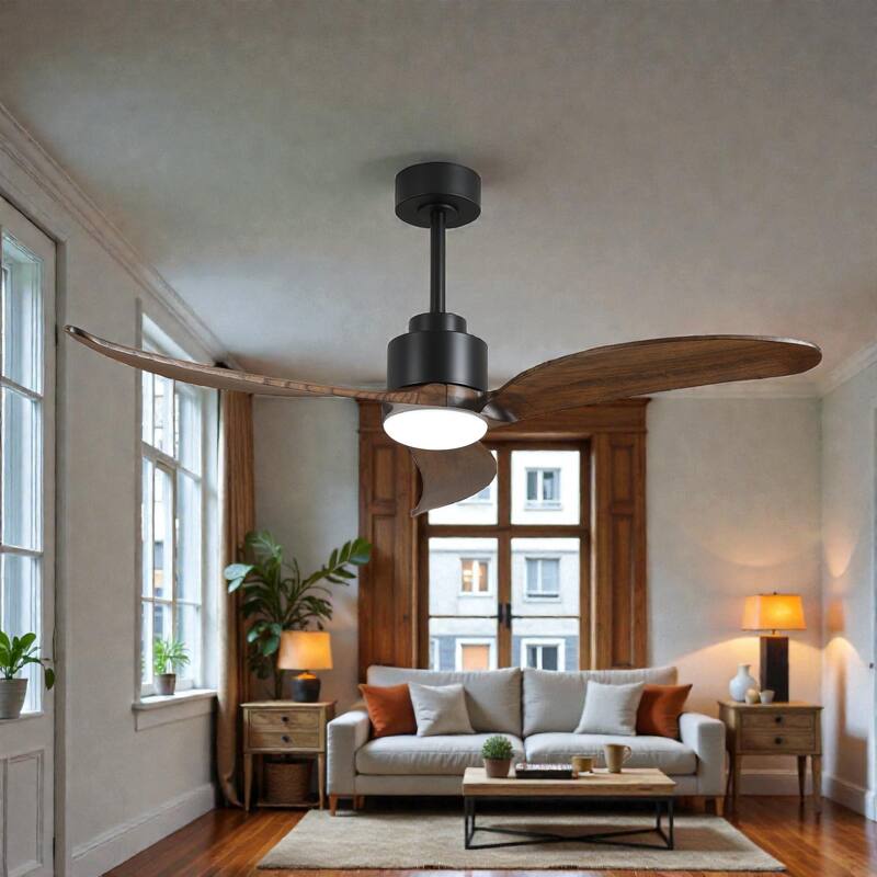 52 Inch Ceiling Fan with Dimmable LED Light, Solid Wood Blades, Quiet Reversible DC Motor, Remote, 6 Speeds, 3 Downrods - Matte Black