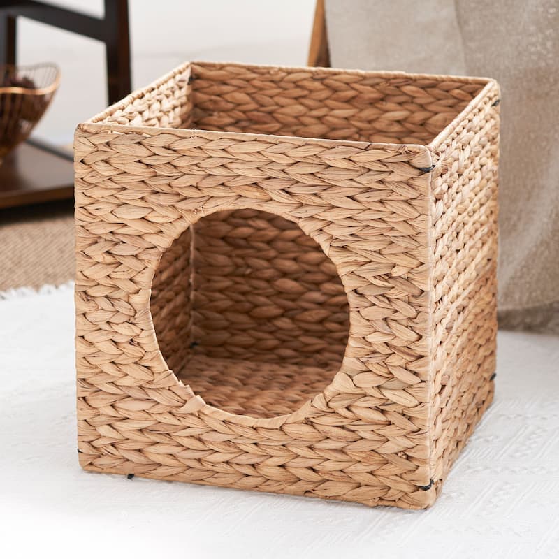 Gertrude Water Hyacinth Folding Woven Wicker Square Cat Bed Cave 13" - 13" x 13" x 13" - Natural Brown