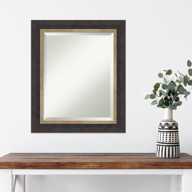 Hammered Charcoal Tan Beveled Wood Framed Wall Mirror - Hammered Charcoal Tan