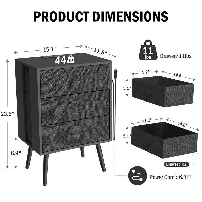 Modern 2-Piece Nightstand with LED Light and 3 Fabric Drawers
