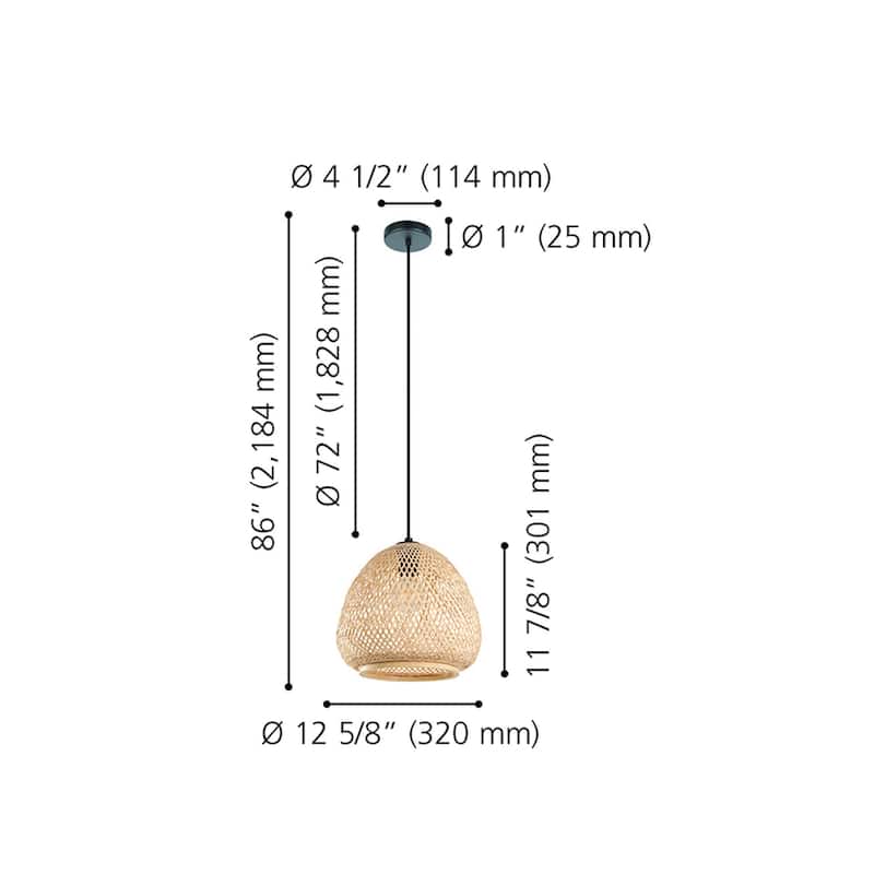 Dembleby - 1-Light Pendant - Black Finish with Natural Wood Shade - 12.60"L X 12.60"W X 11.81"H