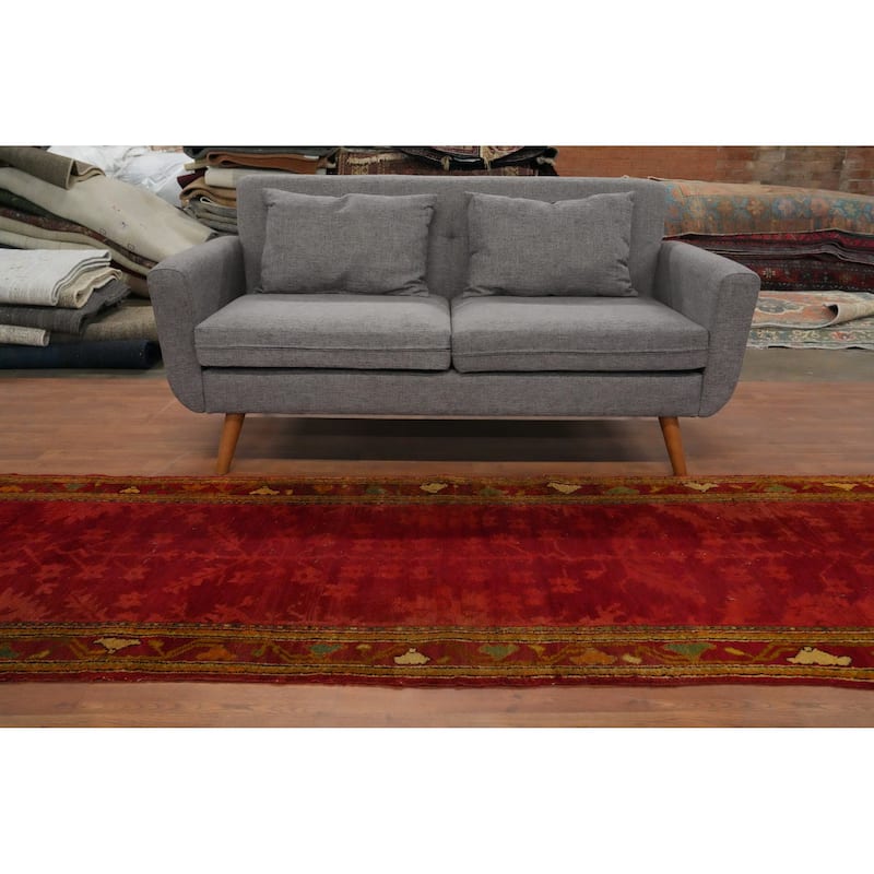 Hand Knotted Oriental 100% Wool Carpet Transitional Floral Red Oushak Runner Rug - 11' 11'' X 3' 2''