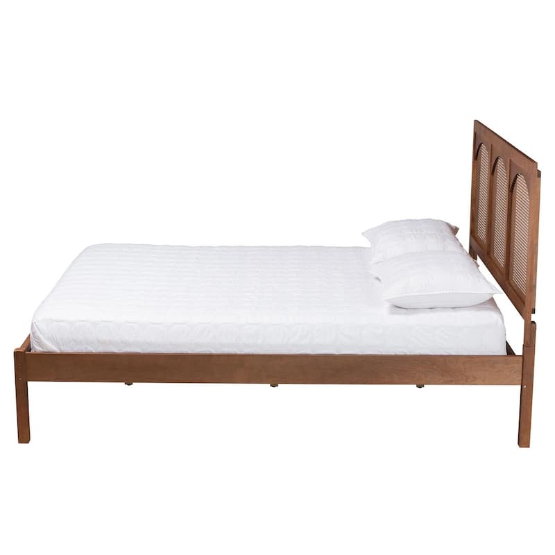 Ash Walnut Wood and Rattan King Platform Bed with Spacious Underbed Storage and Classic Geometric Headboard