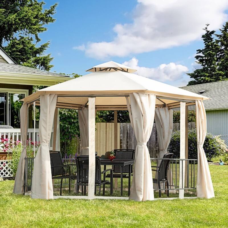 13 x13ft Beige Outdoor Double Roof Gazebo with Steel Frame and Sides Curtains for Family Gatherings - 12.8' L x 12.8' W x 9.2' H