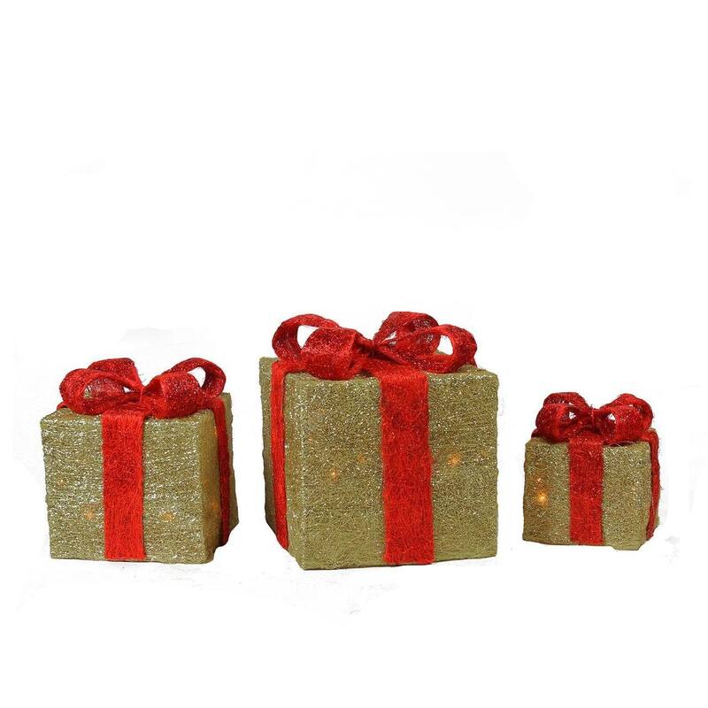 Set of 3 Lighted Gift Boxes Christmas Outdoor Decorations - 10" - Gold and Red