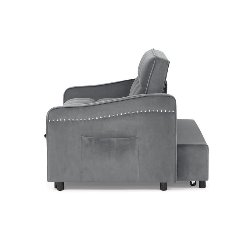 53" Foam Adjustable Loveseat Sofa Bed with Pull-Out Bed, USB/Type-C Charging, Copper Nail Trim, and Arm Storage Pockets