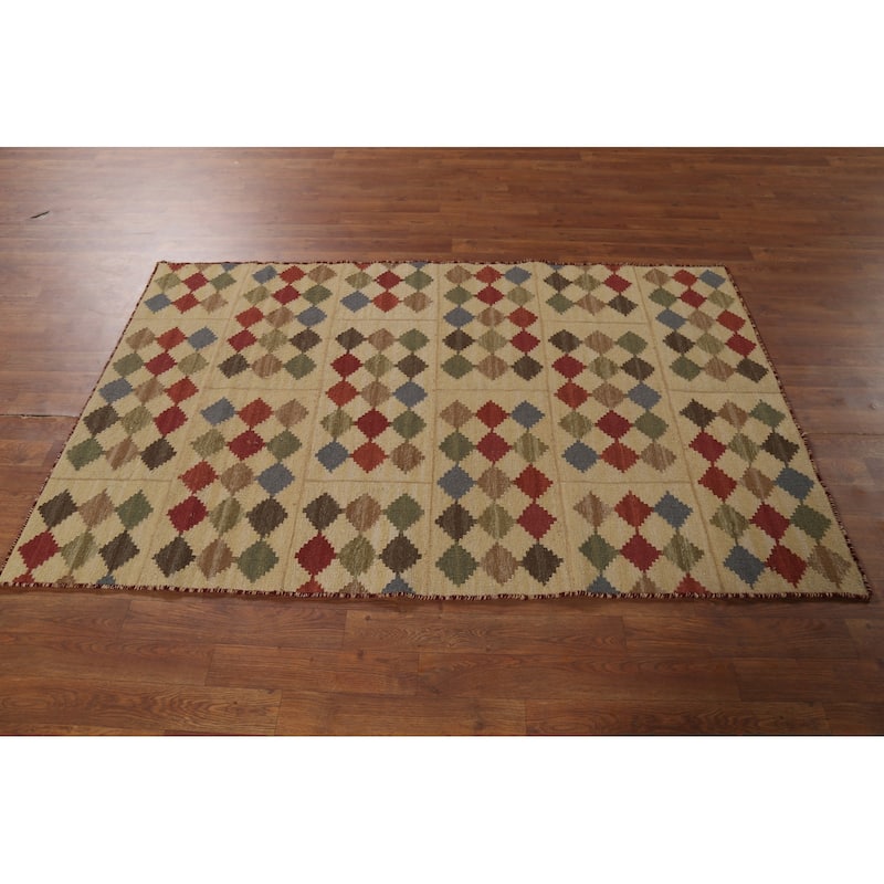 Geometric Kilim Oriental Area Rug Hand-Woven Beige Wool Carpet - 3'9"x 6'0"
