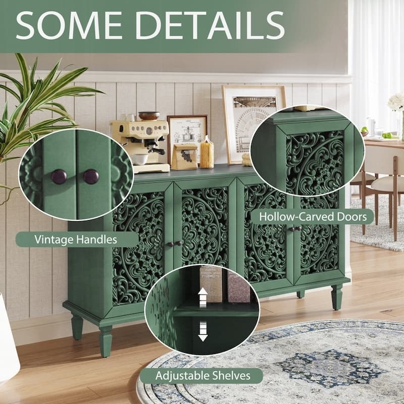 Carved Flower Door Large Storage Cabinet With Metal Handle