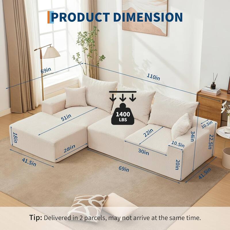 110" Oversized L-Shaped Sectional Sofa with Right Chaise, Cloud Couch with Corduroy & Memory Foam