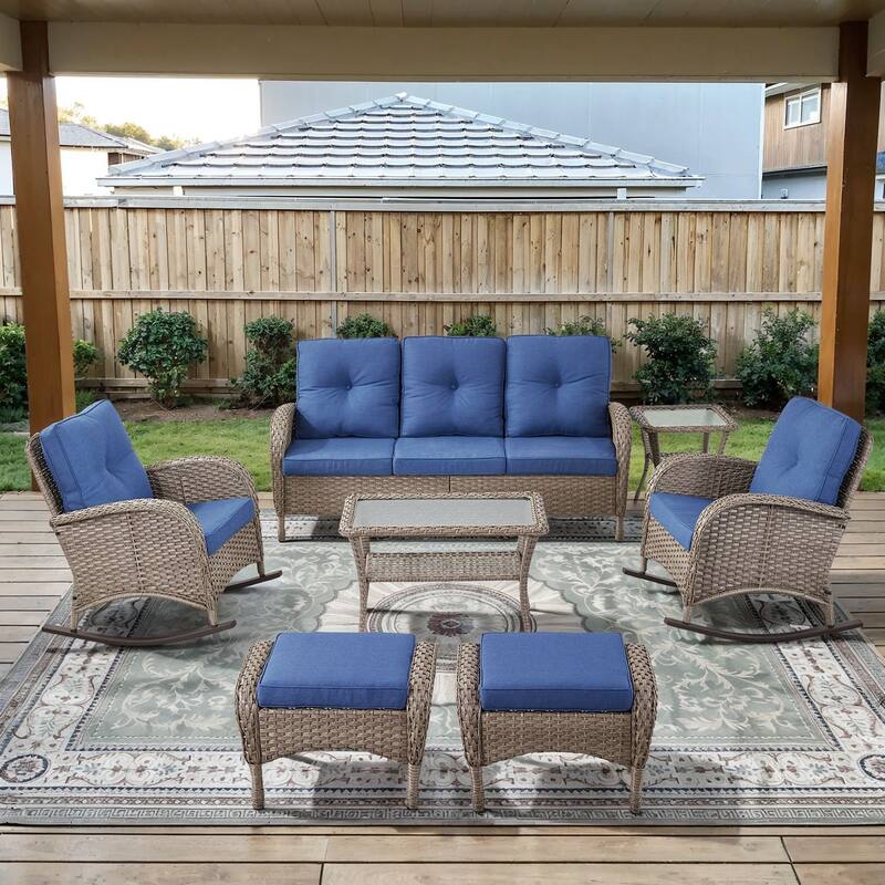 Gymojoy Outdoor Wicker Patio Furniture Sofa Chair Set Weather-Resistant - Grey Wicker / Blue Cusion - Sofa Set - included Rocking Chairs