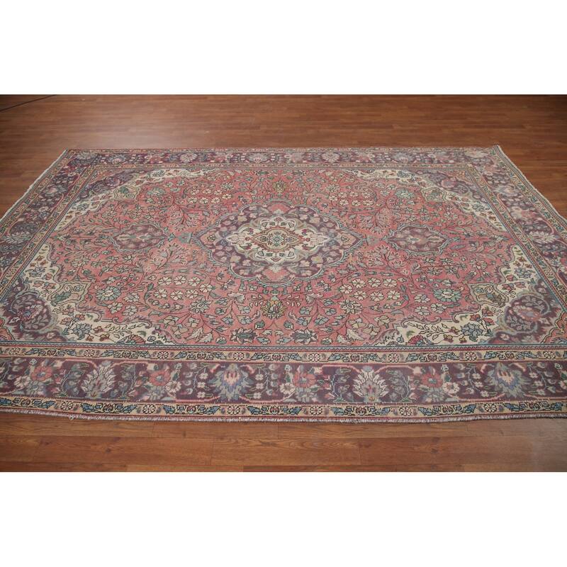 Hand Knotted Oriental 100% Wool Carpet Traditional Floral Pink Tabriz Area Rug - 9' 11'' X 6' 5''