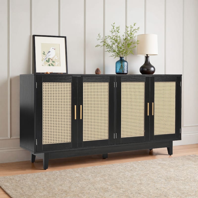 Wood TV Stand for up to 60" TVs with Four Rottan Doors - Black