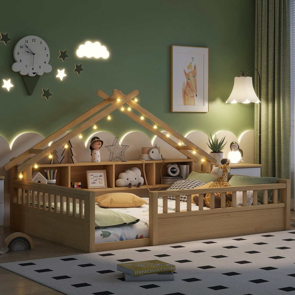 House-shaped Daybed Kids Wood House Bed Montessori Toddler Floor Bed with Roof Shape Storage Bookshelves and Light