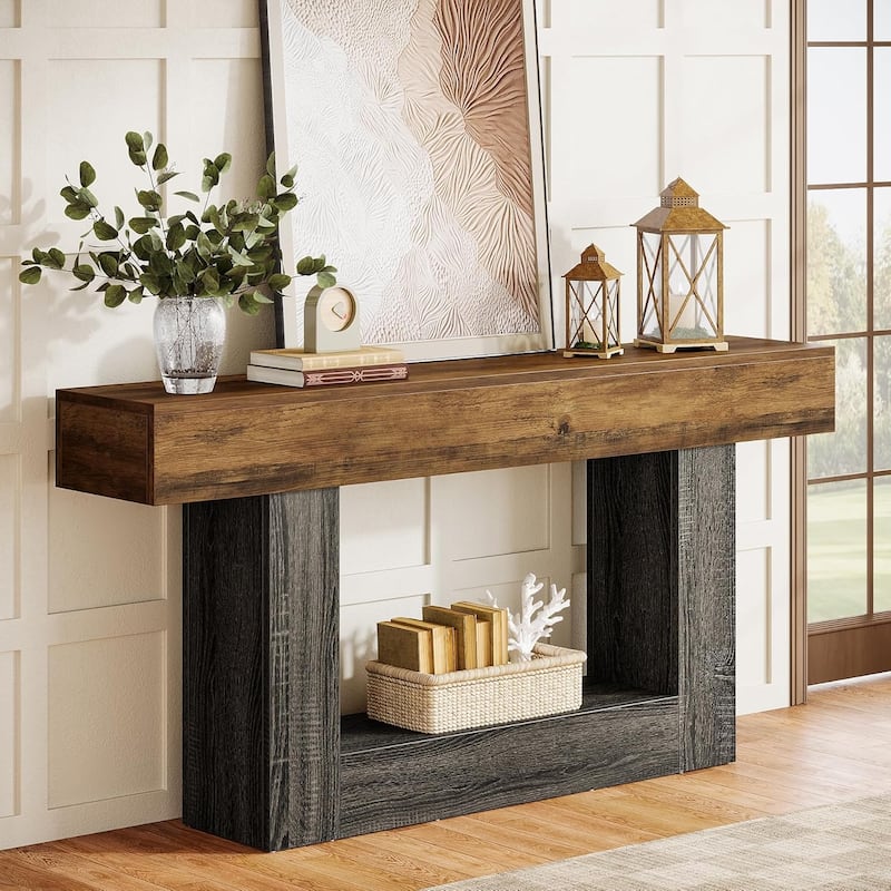 Farmhouse 2 Tiers Console Table Entryway Table with U-Shaped Base - Vintage Brown & Gray