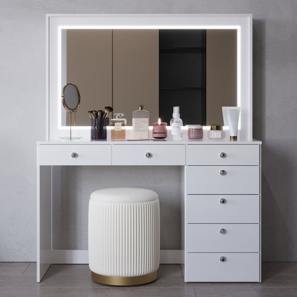 Boahaus Vanity Desk, Crystal Knobs, LED Lights, 7 Drawers