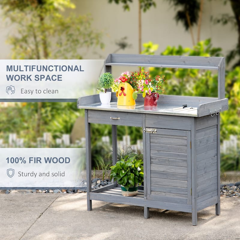 Garden Potting Bench Table, Wood Work Station with Storage Cabinet, Patio Workstation with Open Shelf and Steel Tabletop