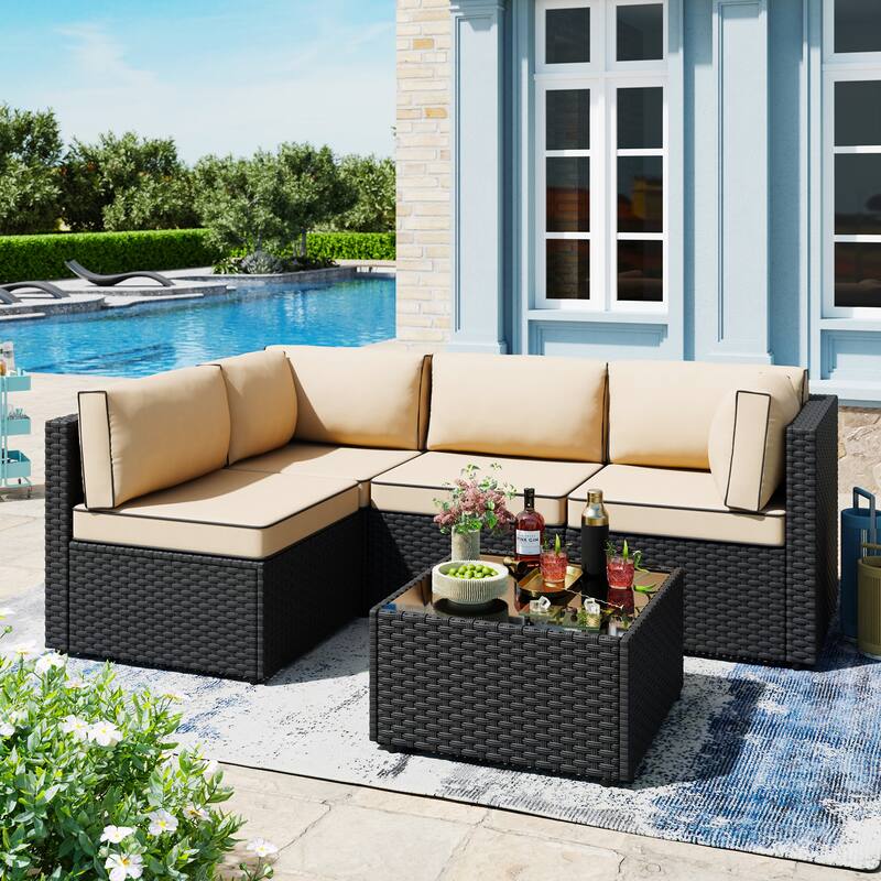 Outdoor 5-Piece Wicker Sectional Sofa Set with Table. - Khaki/Black