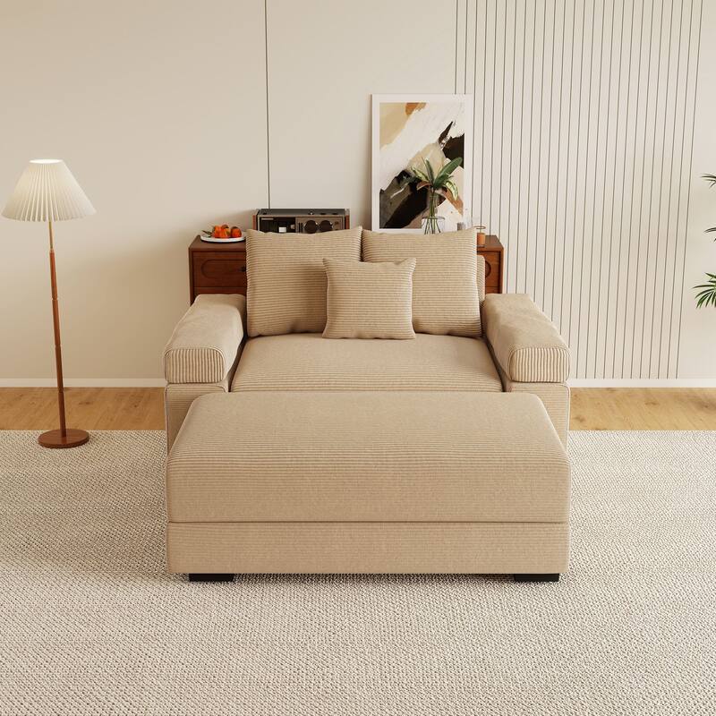 Rossetta Modern 54.3" Oversized Soft Cloud Corduroy Upholstery Extra-Thick Armrests Couch with Throw Pillows, 1 Movable Ottoman - Camel