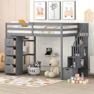 Twin size Loft Bed with Storage Drawers, Kid's Bed with Stairs, Pine Wooden Bed Frame with Shelves for Bedroom, Gray