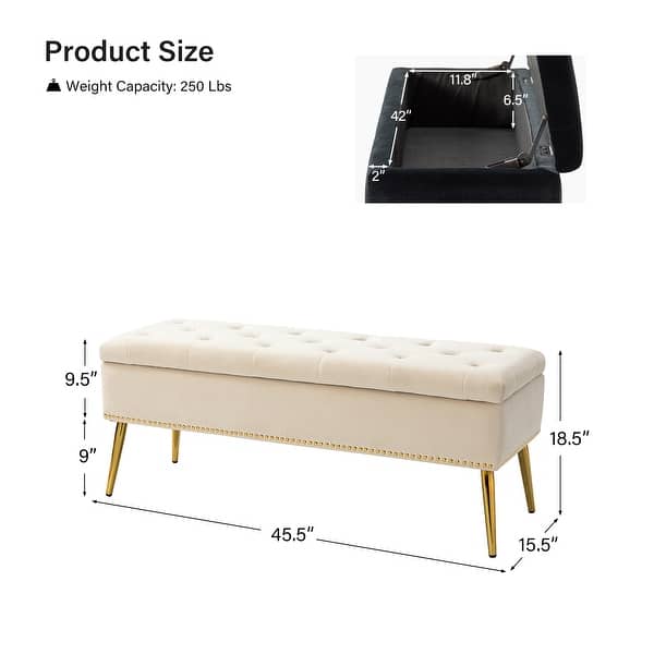 dimension image slide 12 of 19, HULALA HOME Neptunus Modern 45.5" W Velvet Bedroom Storage Bench for End of Bed with Nailhead Trim