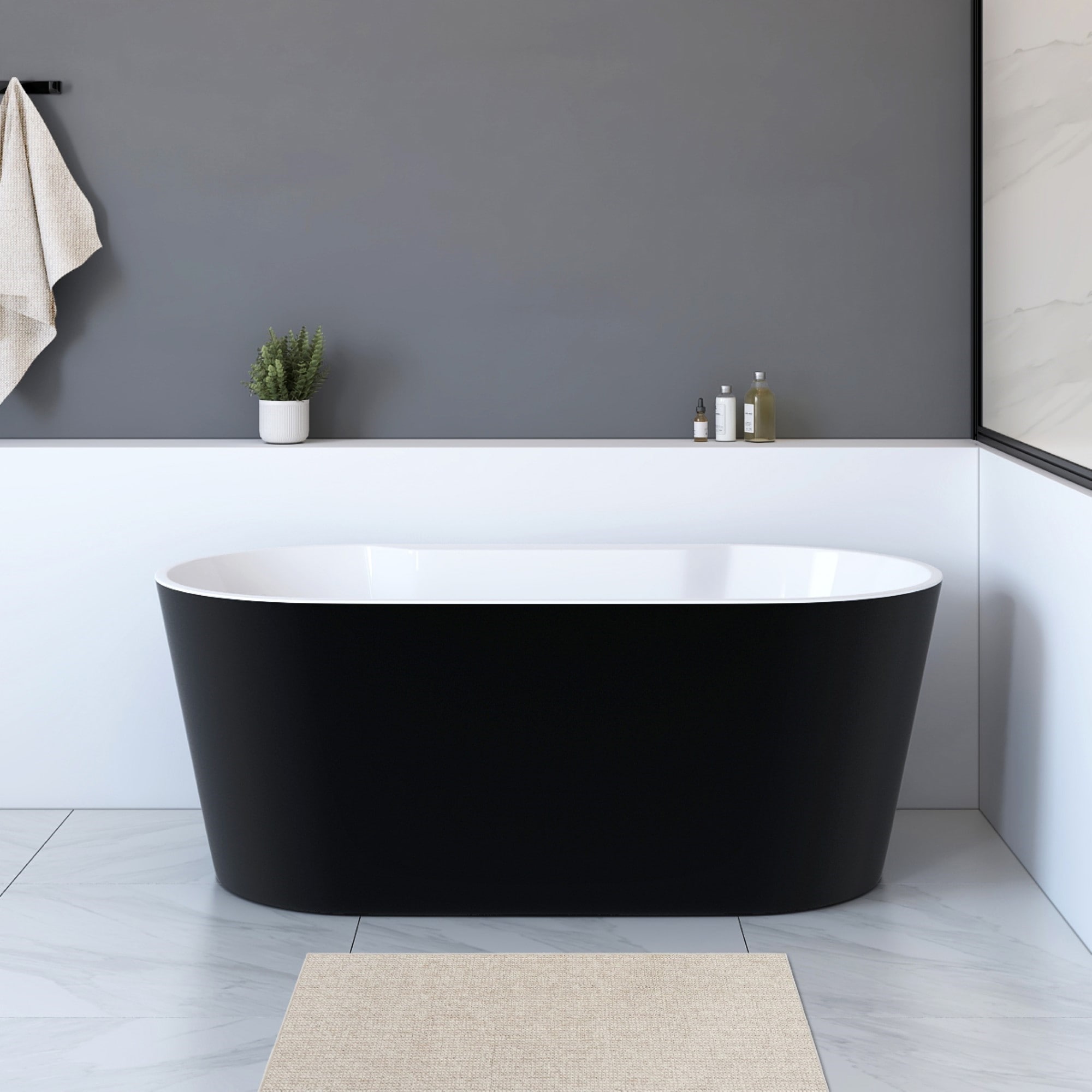 Modern Matte Black Acryilc Freestanding Oval Soaking Bathtub with Center Drain and Backrest Support - 62-inch
