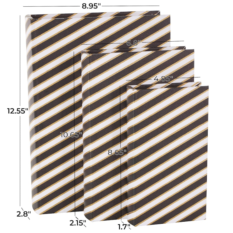 Faux Leather Striped Faux Book Storage Box with White and Metallic Gold Accents - Set of 3 Black - Roche River Decor