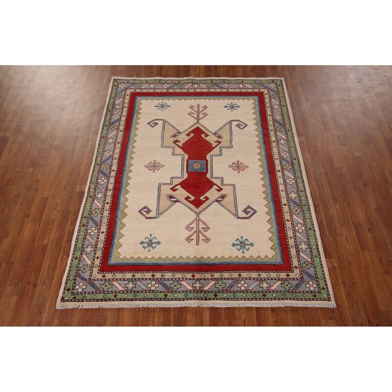 Geometric Beige Kazak Oriental Rug Hand-Knotted Bedroom Wool Carpet - 5'0" x 6'6"