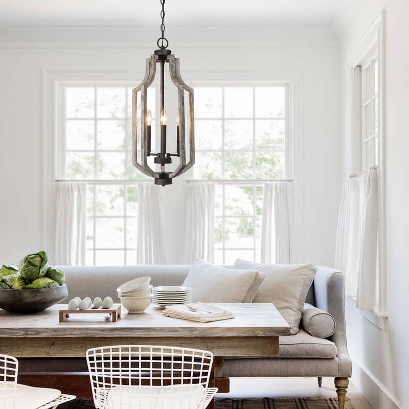 Farmhouse 3-Light Distressed Wood Lantern Pendant Island Lights for Dining Room - D12.7"x H 27.5"