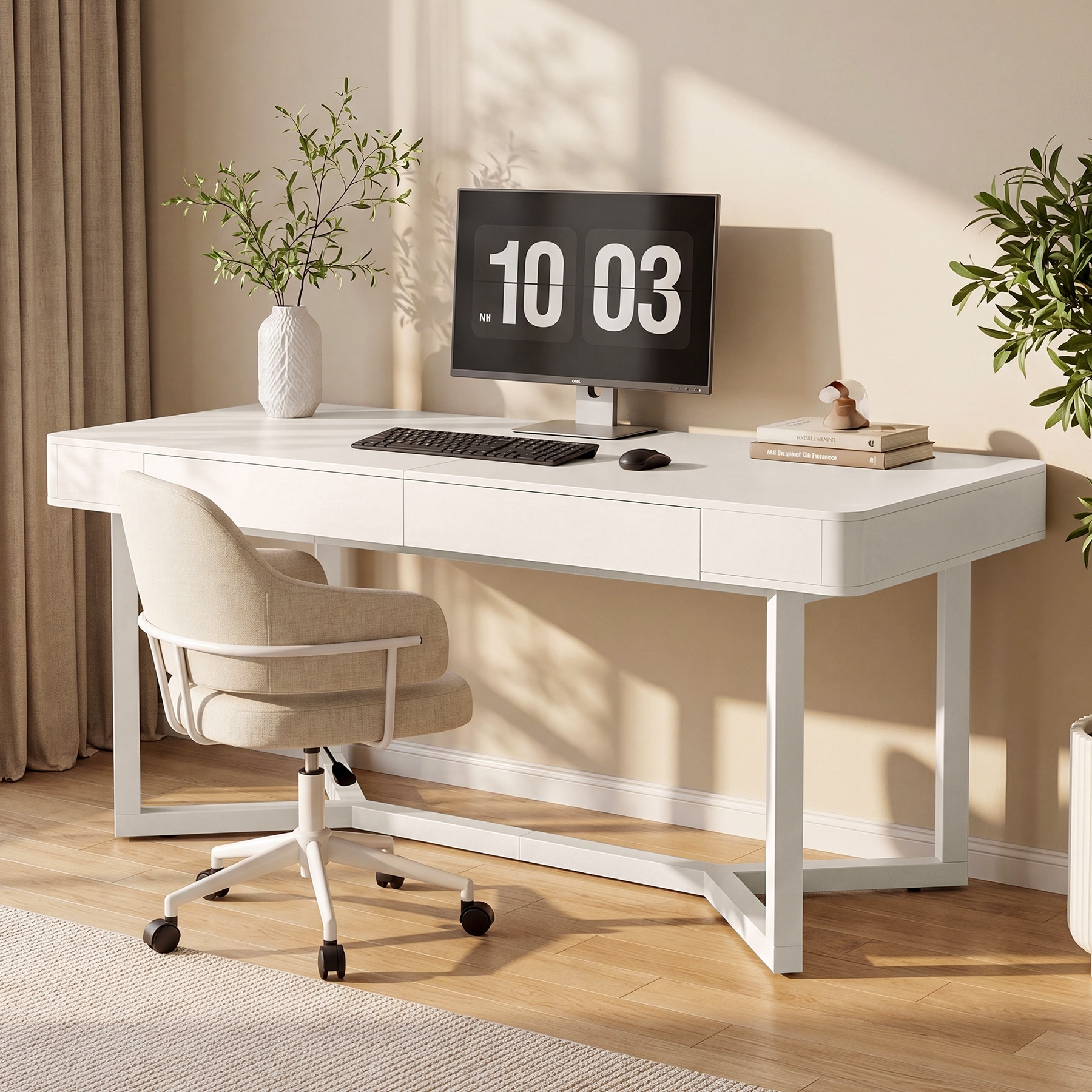63'' White Desk with 2 Drawers, Modern Home Office Desk with Storage
