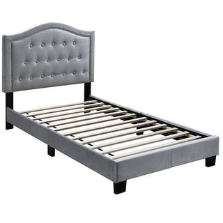 Button Tufted Twin Velvet Bed with Curved Headboard, Grey