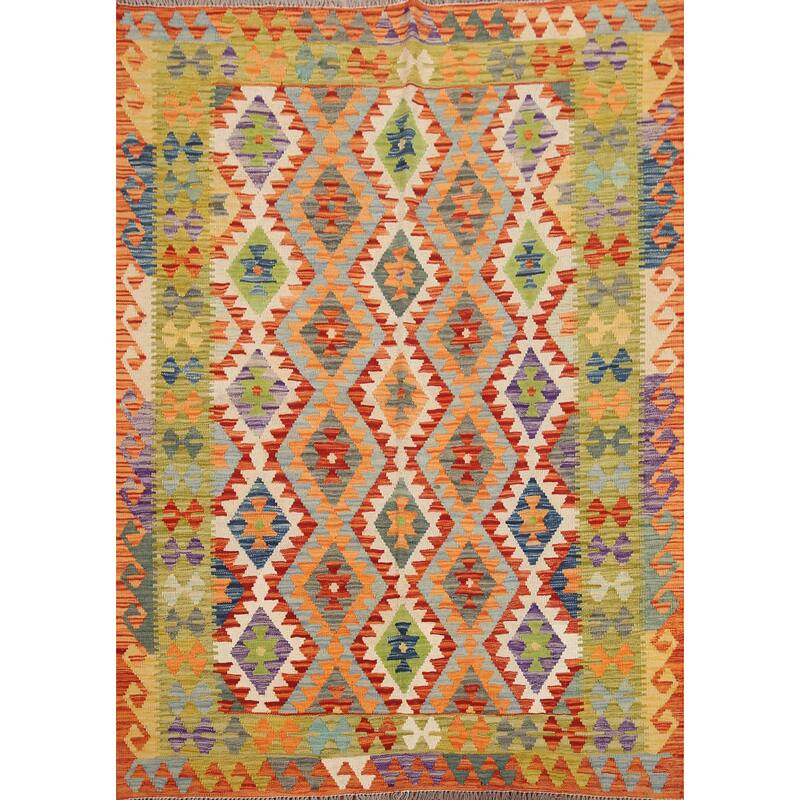 Hand Woven Oriental 100% Wool Carpet Southwestern Geometric Multi-Colored Kilim Area Rug - 6' 5'' X 5' 2''