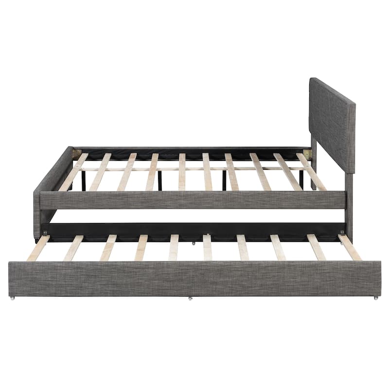 Roomfitters Queen Size Upholstered Platform Bed Frame with Twin XL Trundle and Geometric Patterned Headboard