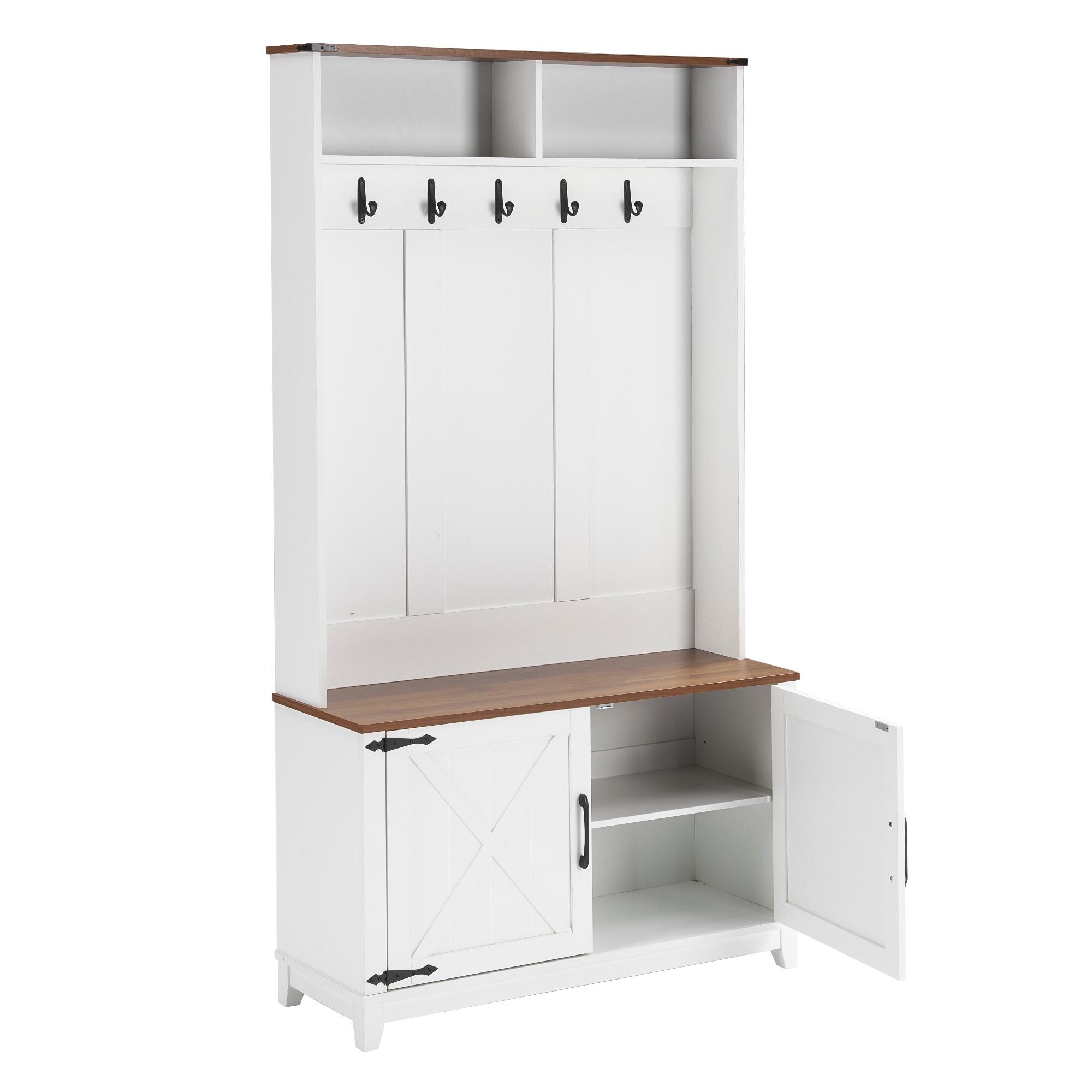 EROMMY White Hall Tree with Bench and Shoe Storage, Entryway Coat