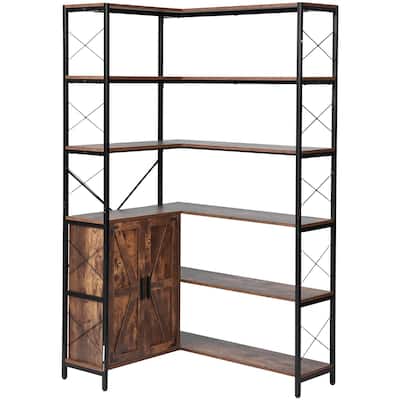 L-Shaped 6 Tier Corner Bookcase with Adjustable Shelves and Doors - 31.5 x 40.16 x 70.8 in