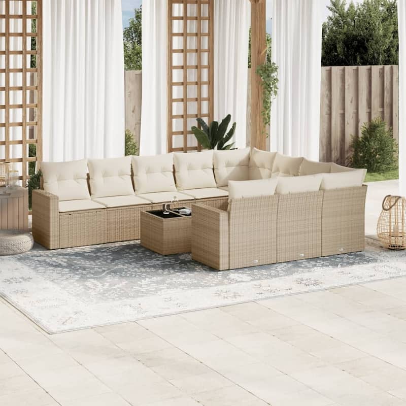 vidaXL Patio Sofa Set with Cushions Outdoor Conversation Furniture Poly Rattan - 21.7 x 21.7 x 14.6 - Beige 21.7 x 21.7 x 14.6 in.