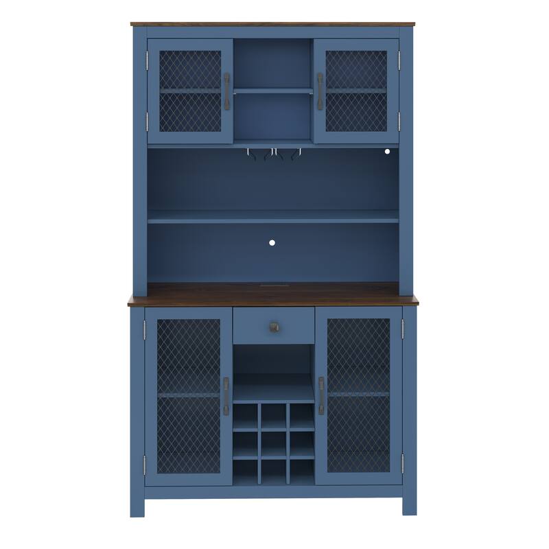 71" Pantry Cabinet, Coffee Bar Storage Cabinet with Charging Station & LED Lights, Tall Kitchen Hutch Cabinet with Wine Rack