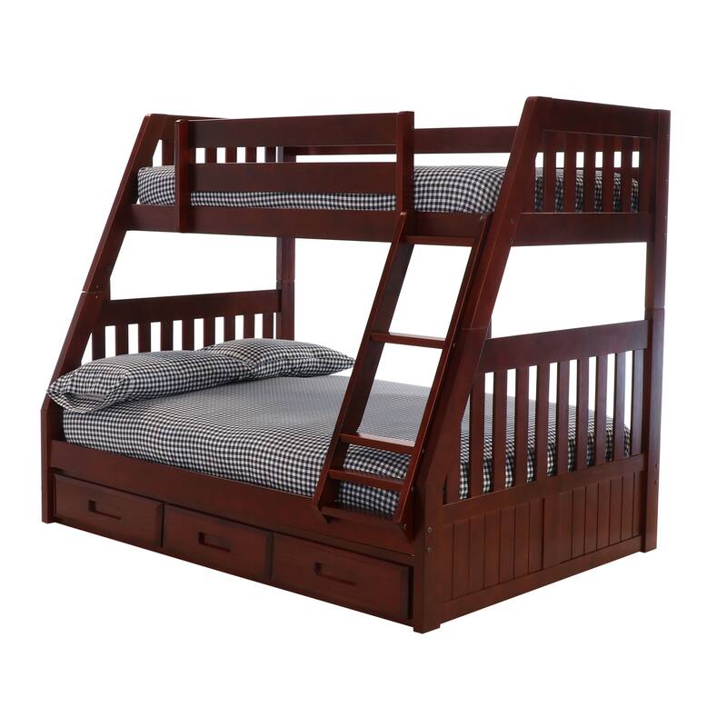 Twin Over Full Bunk Bed with Storage - Solid Pine Wood Frame - Merlot Finish - HomeStock