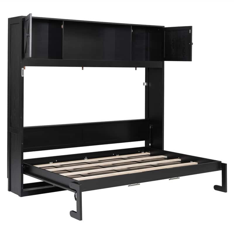 Full Size Murphy Bed Wall Bed with Storage Cabinets, Wooden Foldable Murphy Cabinet Bed with Top Storage, Space Saving Design