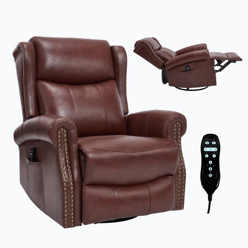 Manual Recliner Chair with Heat & Massage, Genuine Leather Swivel Recliner Chair, Lounge Sofa Chair with Side Pockets
