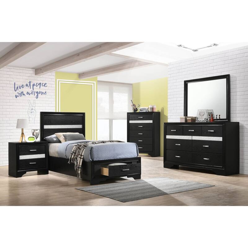 Miranda 4-Piece Storage Bedroom Set with Glittering Stripes - Black (Twin, 4-piece) - Twin