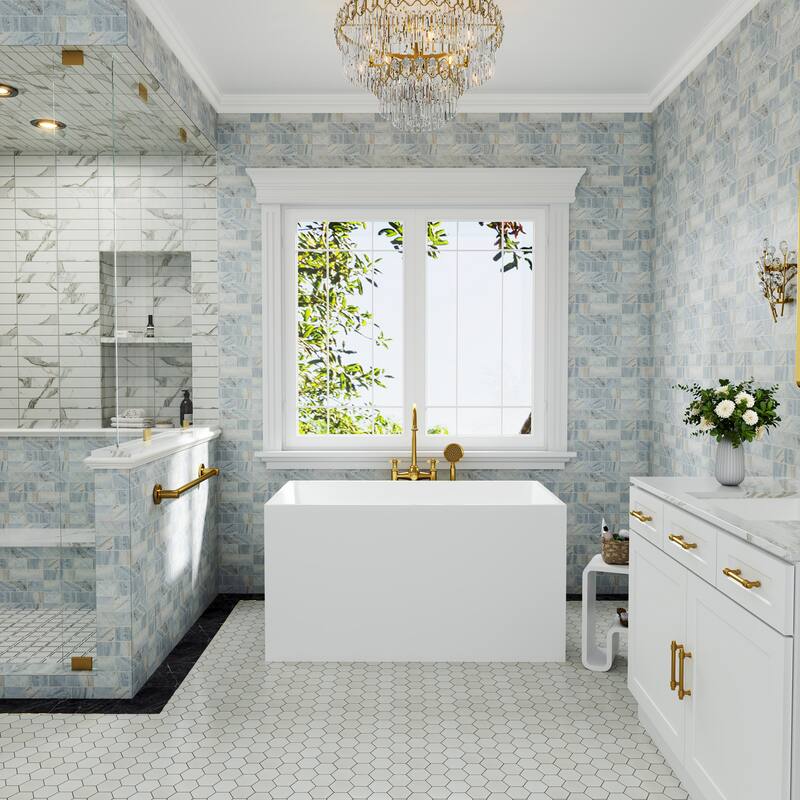 47 in. Freestanding Acrylic Japanese Soaking Bathtub, Modern Compact Design with Included Drainer