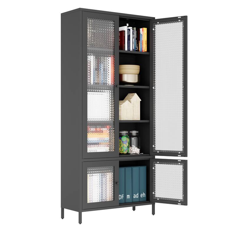 5 Shelves Cabinet Bookcase Freestanding Cabinet for Home Office,Large Metal Storage Cabinet Display Cabinet with 4 Glass Doors