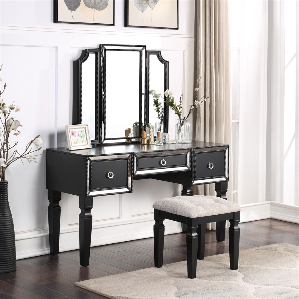 Bedroom Vanity Set Tri Fold Mirror w Stool 3 Storage Drawers
